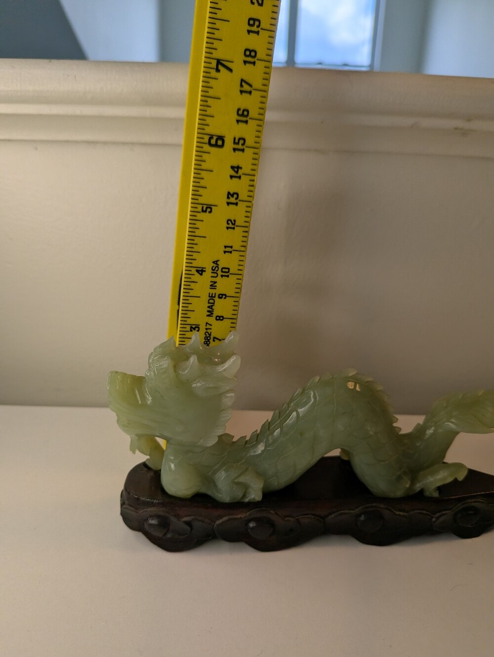 Carved Green Serpentine Jade Dragon Figurine Statue with Wooden Base - Picture 15 of 16